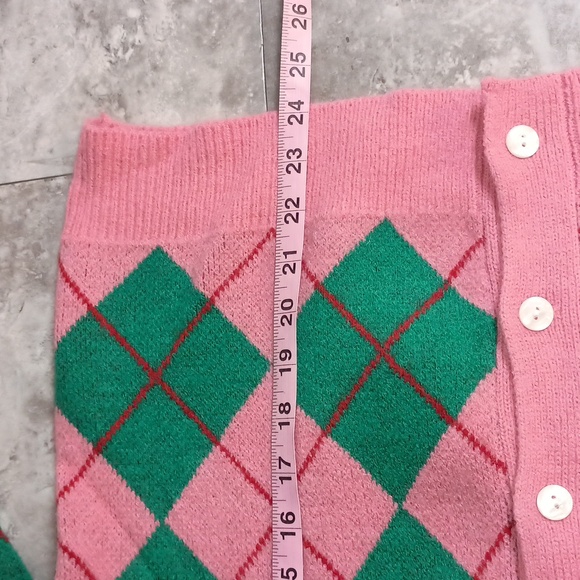 Womens Size M Top Knit Green & Pink Argyle Pattern Cardigan - Picture 11 of 11